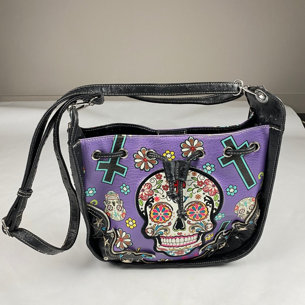 Cowgirl Trendy Purse Sugar Skull Day of the Dead Purple Handbag - Flaw‎
